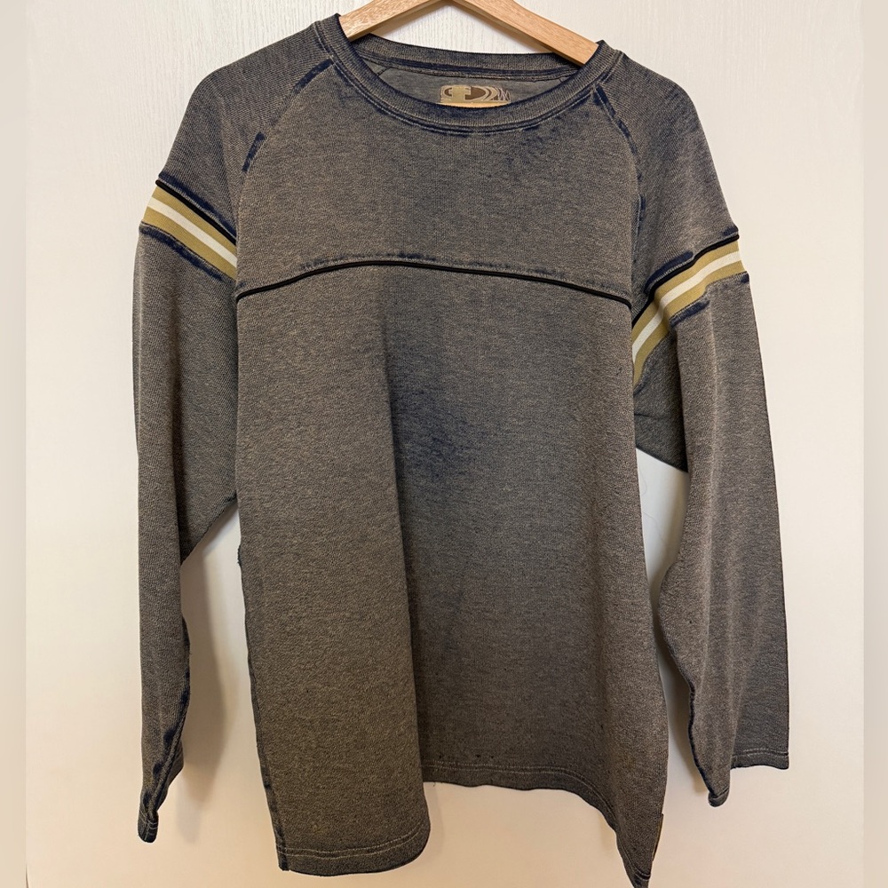 Ruche Gray Crewneck Sweater with Contrast Sleeve Stripes